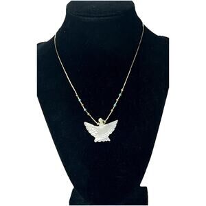VTG 14k Yellow Gold Turquoise Beaded Necklace w/ Carved MOP Thunderbird Pendant